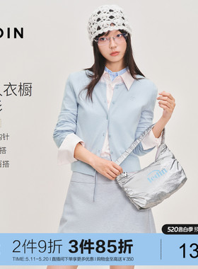 乐町淡人蓝色针织开衫春季新款通勤时尚精致花边领口正肩毛衣*