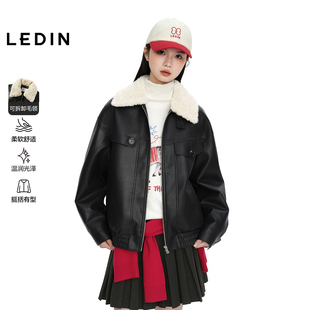 乐町PU仿皮衣拉链外套机车可拆卸毛领外套C2BHG1219 商场同款