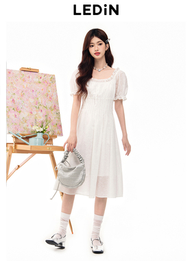 乐町夏季新款法式方领泡泡袖纯欲风修身连衣裙C1FAE27