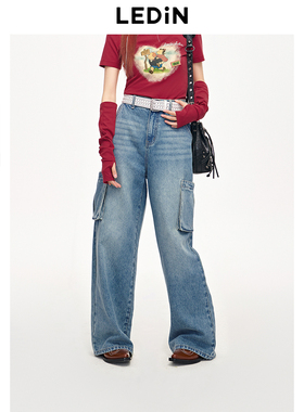 乐町2024夏季新款松紧腰工装牛仔阔腿裤C2HAE2158