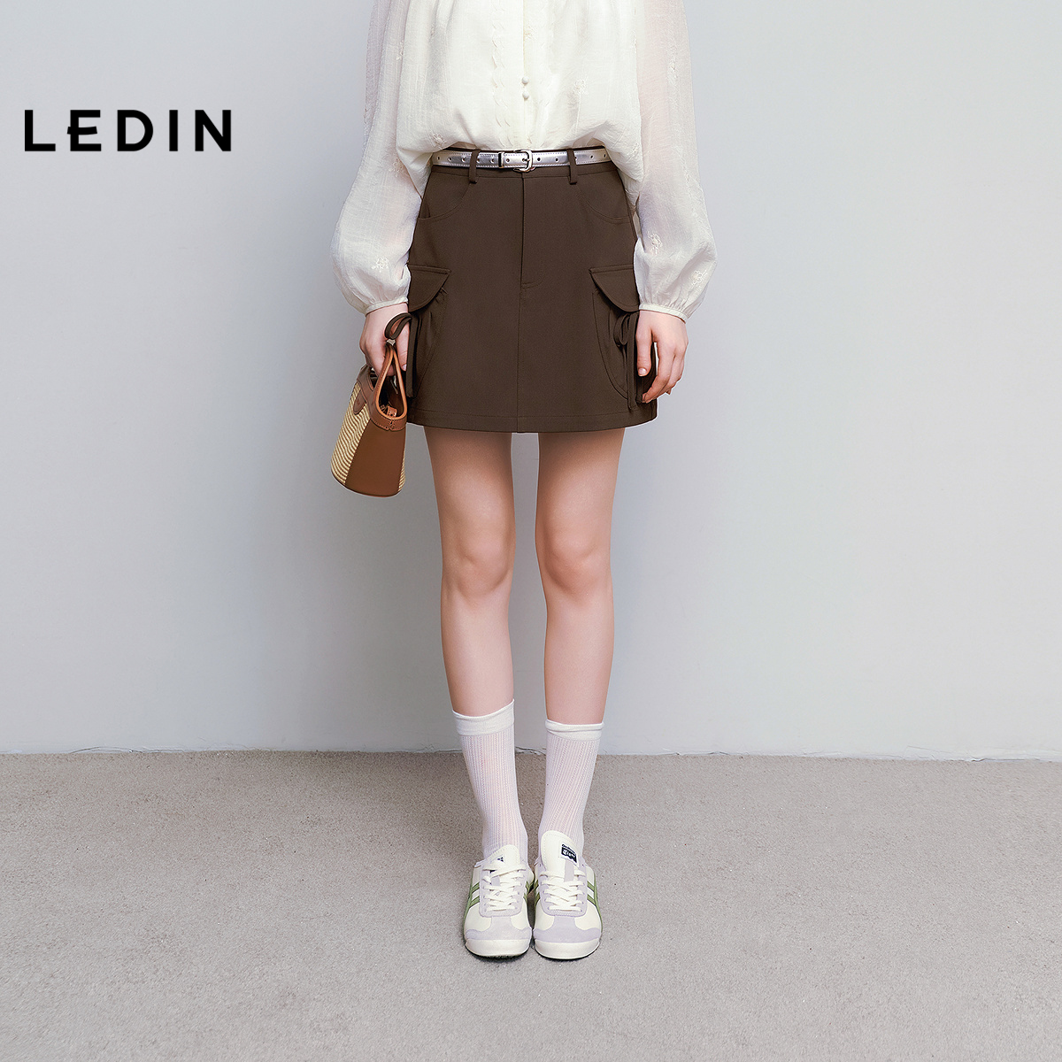 【商场同款】乐町甜美蝴蝶结贴袋A字裙短裙夏新款半身裙C1GEF2215