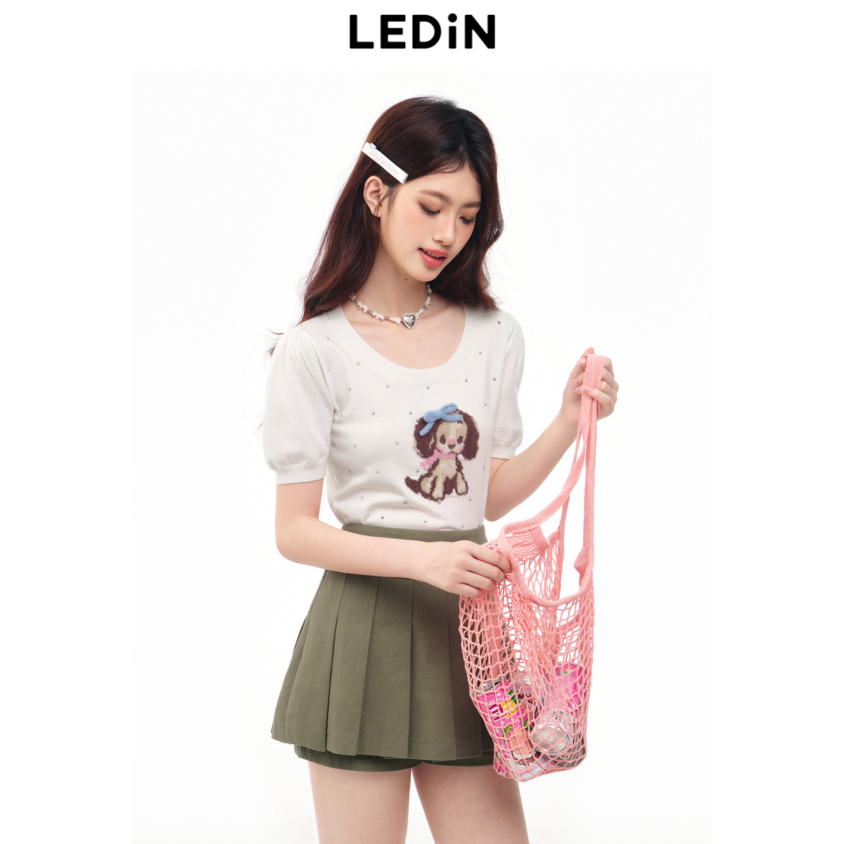 乐町2024夏季新款泡泡袖U领短袖毛针织衫C1EEE2210