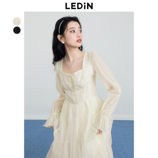 甜美仙女裙 方领不规则长裙长袖 乐町温柔网纱连衣裙女装 春夏法式