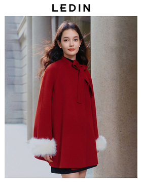 乐町富家千金双面呢斗篷羊毛大衣冬季蝴蝶结新战袍外套