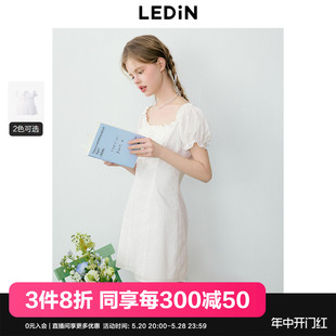 乐町纯欲风连衣裙24年夏季 花边方领显瘦A字裙小个子连衣短裙 新款