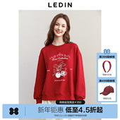 乐町新年红色圆领卫衣2025春季 新款 宽松卫衣卡通字母印花休闲上衣