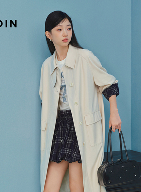 【商场同款】乐町新款格纹撞色中长款过膝翻领风衣外套C1BEF3421