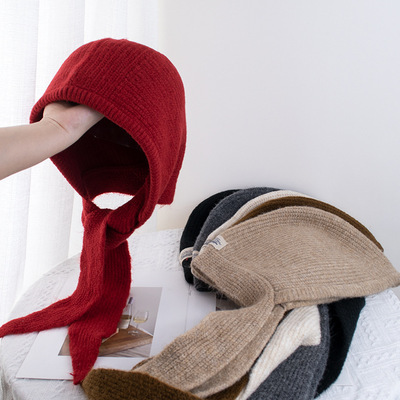 绑带红色巴拉克拉法帽女秋冬骑行保暖针织毛线帽子围巾一体ins潮