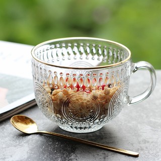 麦片早餐杯高颜值玻璃牛奶杯金边酸奶杯带盖家用女茶杯手柄咖啡杯