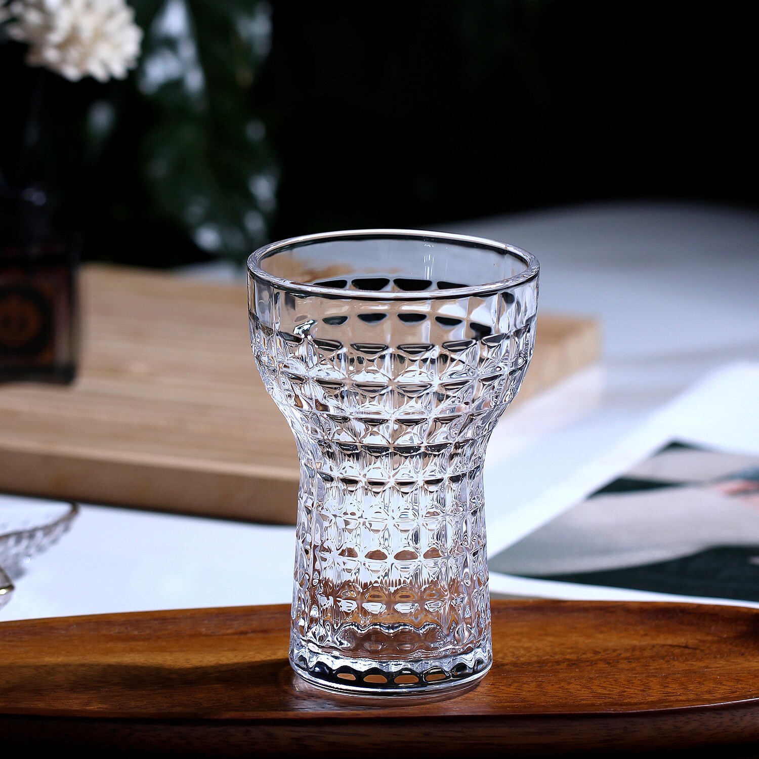复古刻花钻石宽口玻璃咖啡杯