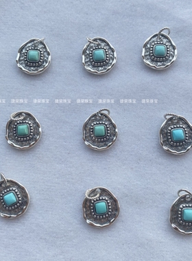 s925纯银镶嵌天然绿松石方形吊坠