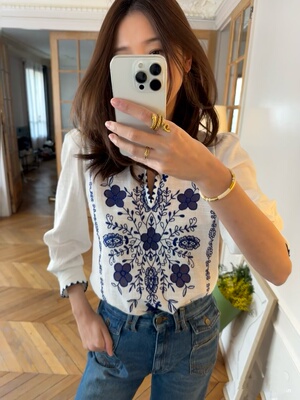 法式民族风刺绣衬衫 重工手工绣花镶边复古做旧纯棉上衣