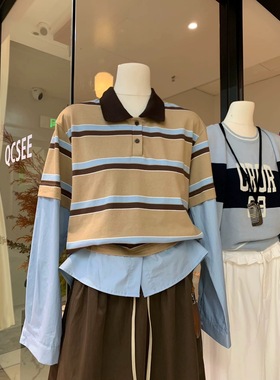 QS one two2025韩版新款韩版宽松显瘦百搭条纹长袖假两件polo T恤