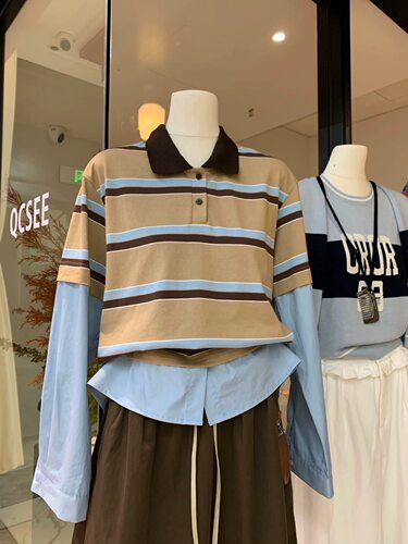 QS one two2025韩版新款韩版宽松显瘦百搭条纹长袖假两件polo T恤