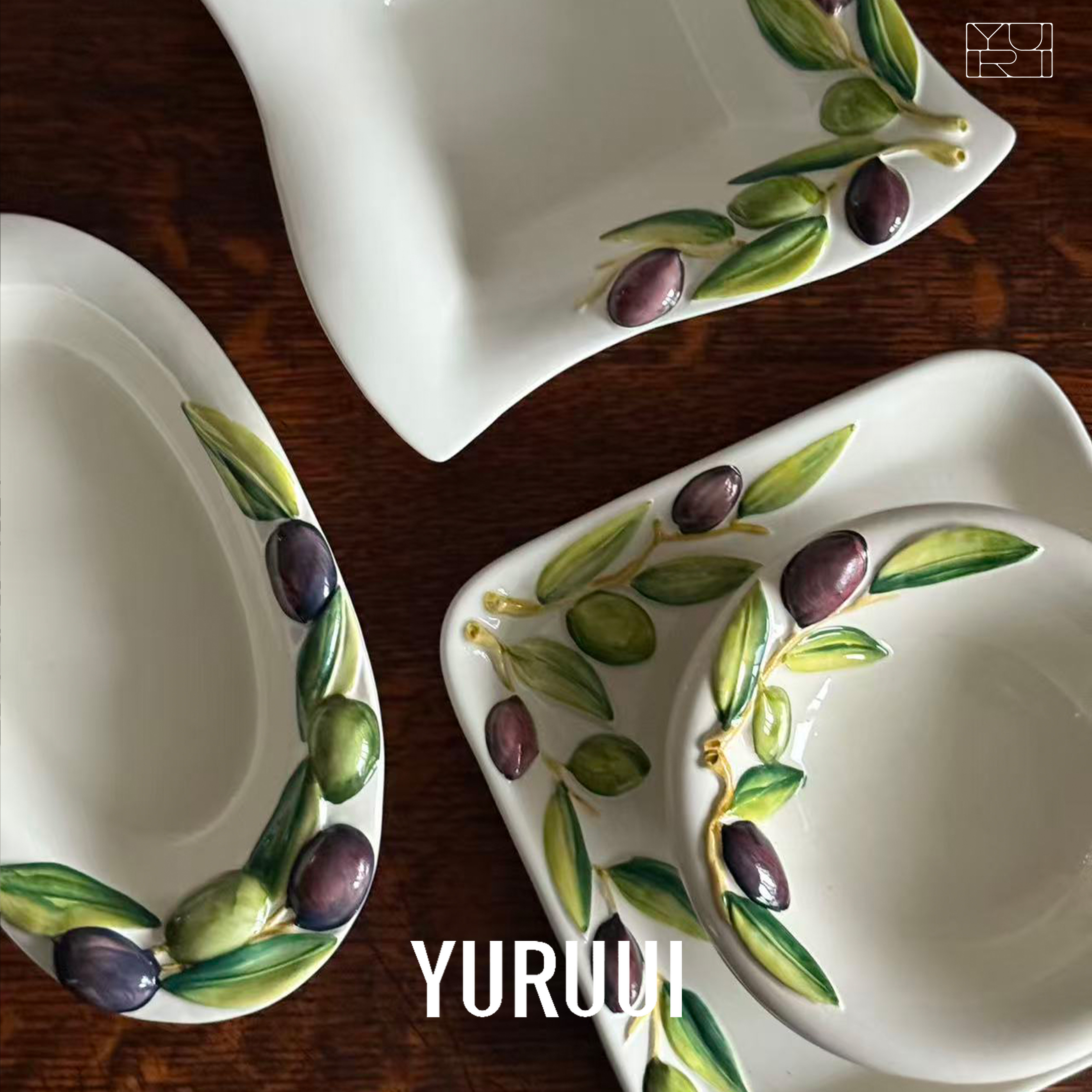 [YURUUI设计师]意大利Le Ceramiche橄榄手绘粗陶碗盘椭圆盘餐具