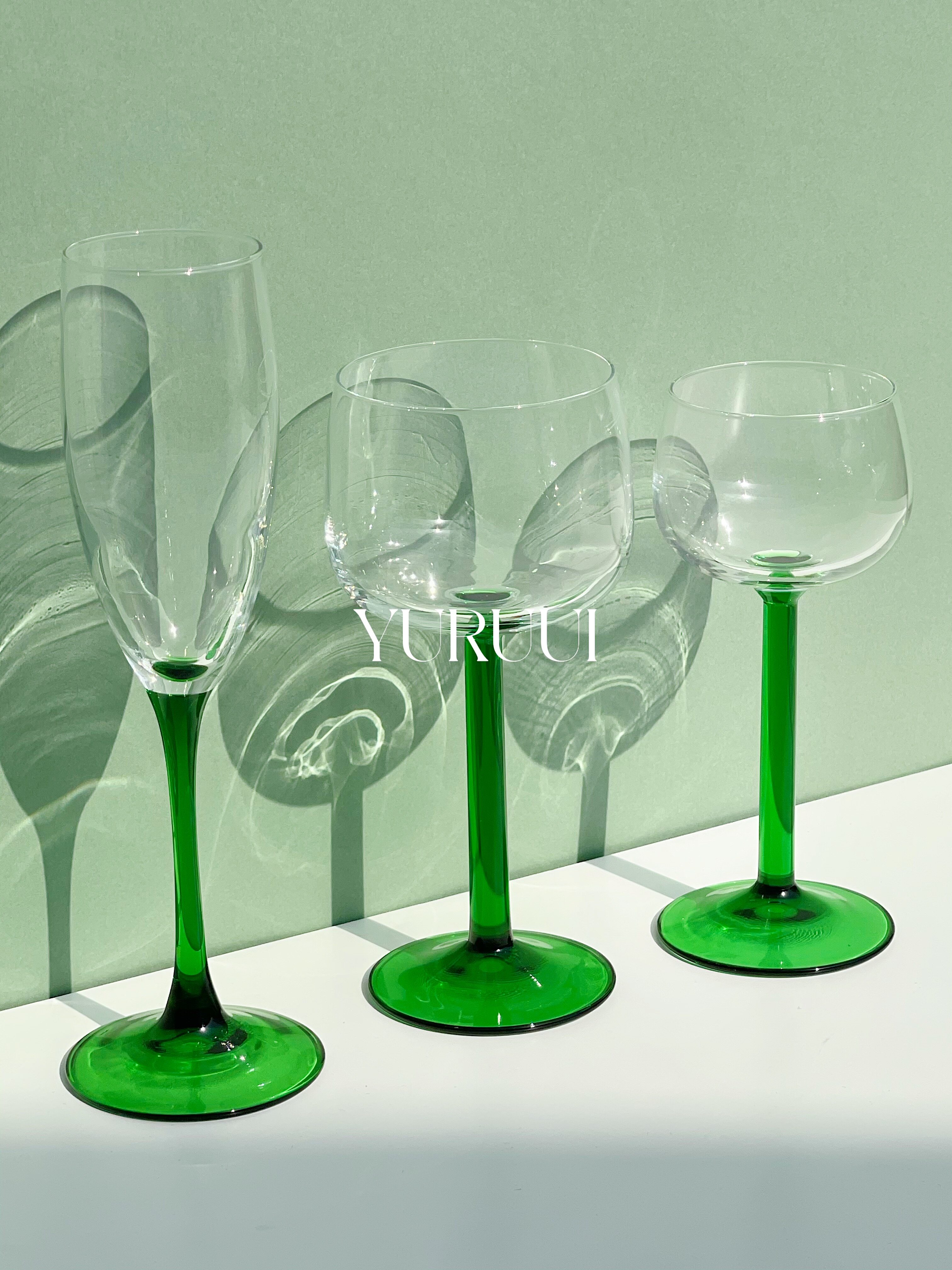 [yuruui中古]法国产经典绿色杯柄vintage中古玻璃酒杯