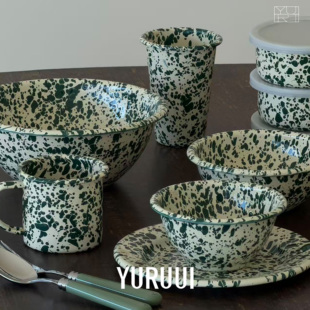 [YURUUI设计师]美国CrowCanyon复古奶油绿搪瓷泼墨马克杯餐盘餐具