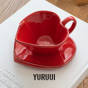 [YURUUI设计师]意大利Virginia Casa红色心心粗陶咖啡杯碟套组