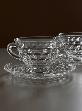 [YURUUI中古]1910s美国产透明方格vintage中古玻璃咖啡杯碟套组