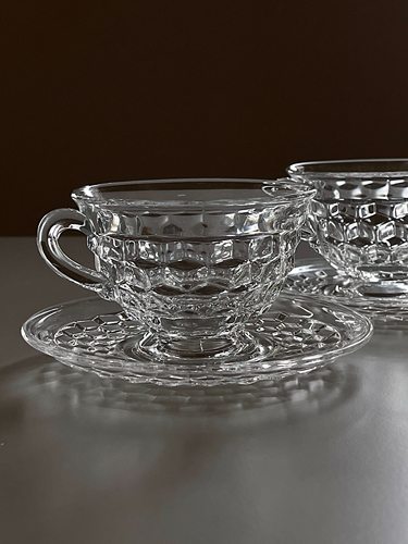 美国产透明方格中古玻璃咖啡杯碟