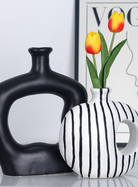 陶瓷花瓶摆件客厅插鲜花高级感网红复古美式白色干花陶罐条纹餐桌