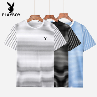 PLAYBOY/花花公子贵宾男士条纹短袖纯棉圆领休闲百搭大码宽松T恤