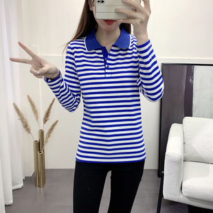 纯棉情侣装 2026春秋新款 翻领海魂衫 女长袖 间条T恤 休闲条纹POLO衫