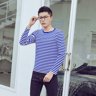 蒙蝶依海魂衫长袖T恤男蓝白条纹纯棉圆领打底衫情侣装班服海军衫