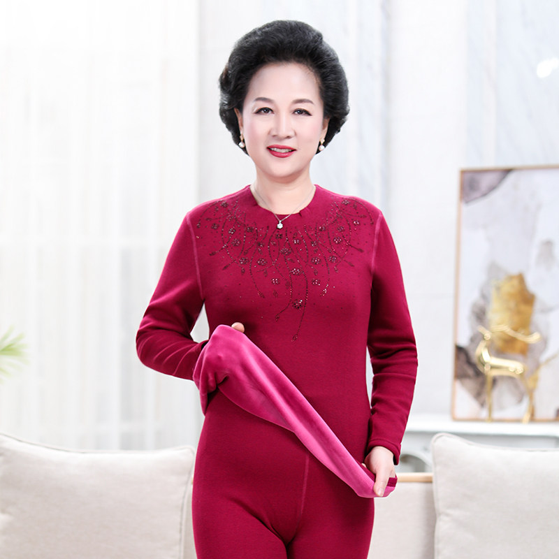 中老年大码女士保暖内衣套装加厚加绒护膝大红色本命年奶奶胖妈妈