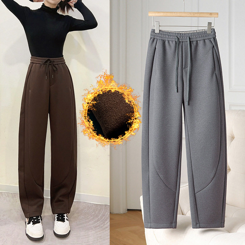 女款加绒卫裤抽绳松紧腰减龄秋冬装宽松显瘦运动风哈伦裤正品新款