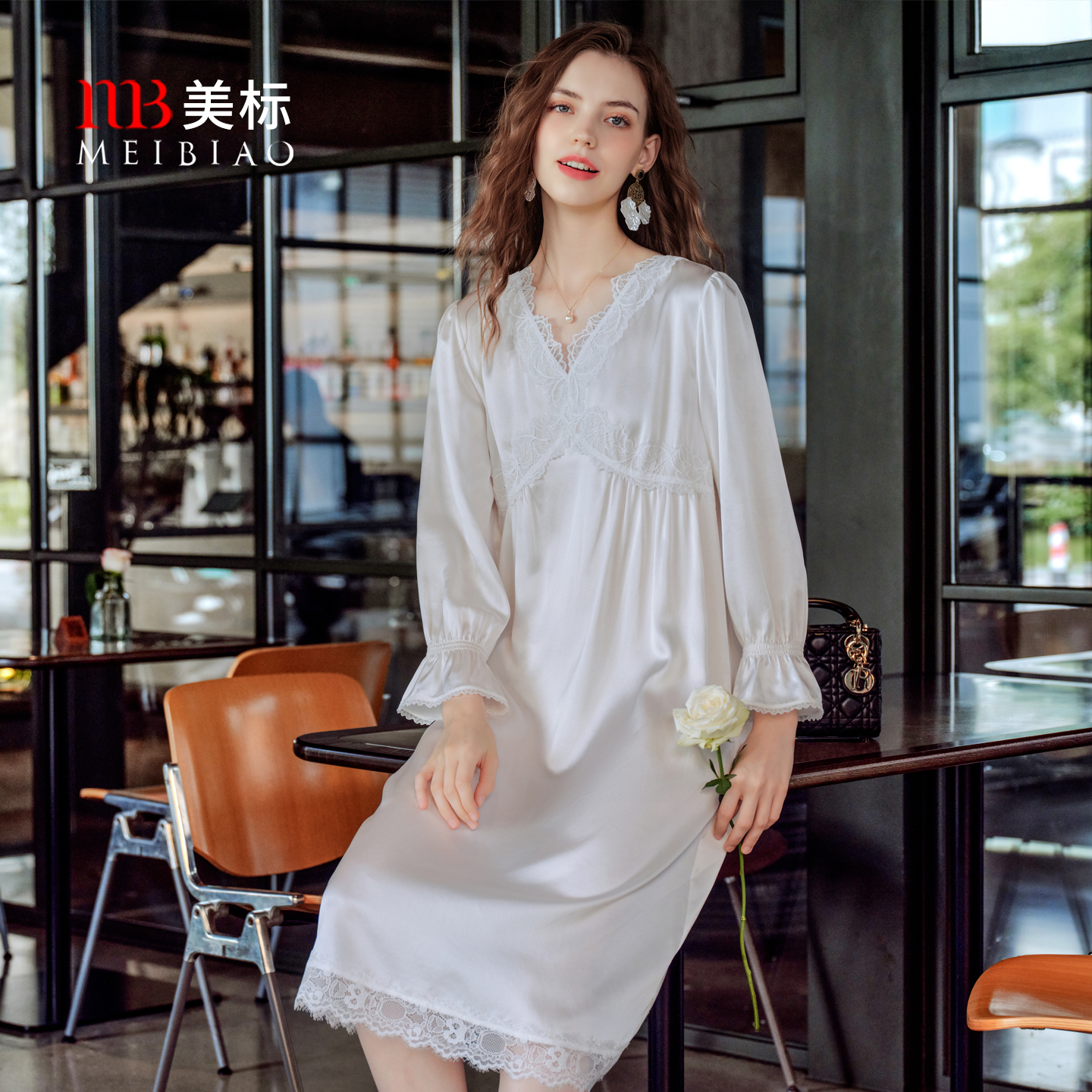 美标女士法式长袖真丝睡裙复古