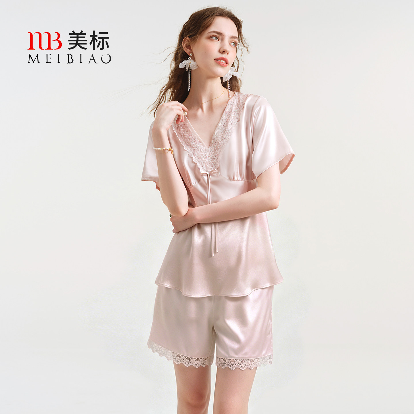 美标女士桑蚕丝短袖短裤套装睡衣图片