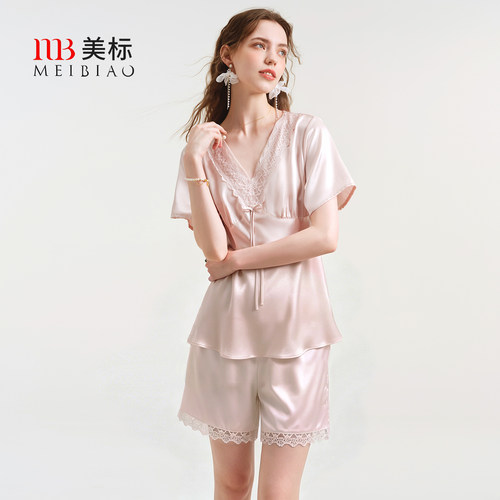 美标女士桑蚕丝短袖短裤套装睡衣