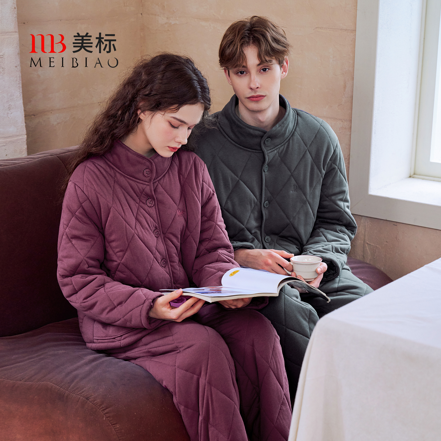 美标冬季情侣睡衣三层加厚夹棉男