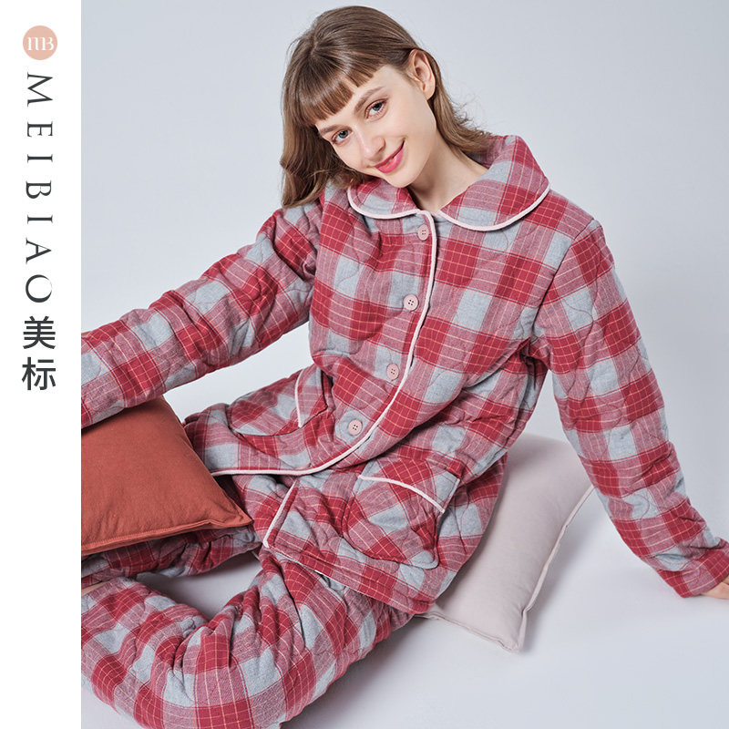 美标三层夹棉加厚保暖纯棉睡衣两件套装女秋冬全棉休闲格子家居服,女士内衣/男士内衣/家居服,睡衣/家居服套装,淘宝优惠券,粉丝福利购,淘宝优惠卷