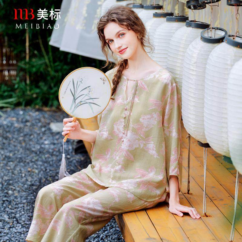 美标新款七分袖中国风睡衣套装女春夏季复古莱赛尔亚麻梭织家居服,女士内衣/男士内衣/家居服,睡衣/家居服套装,淘宝优惠券,粉丝福利购,淘宝优惠卷