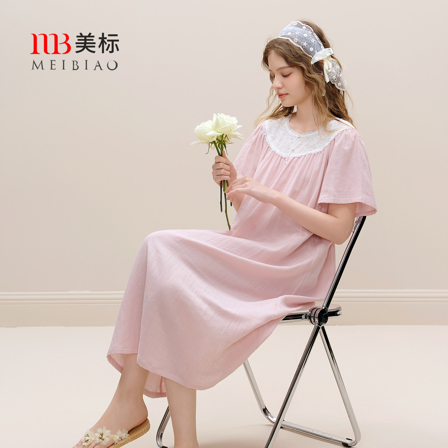 美标春夏新品短袖纯棉睡裙女夏双层棉纱蕾丝花边公主风薄款家居服