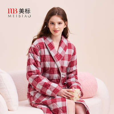 美标中长款三层夹棉睡袍女睡衣