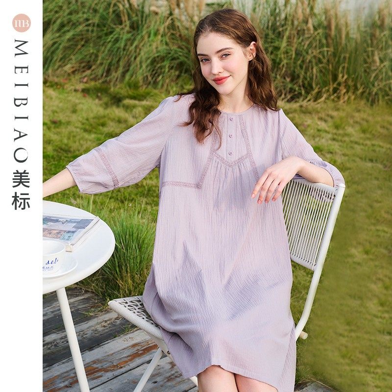 美标七分袖纯棉睡裙春夏新款全棉质睡衣女简约休闲时尚薄款家居服