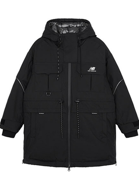 New Balance纯色多口袋中长款冬季连帽羽绒服外套AWJ14367-BK