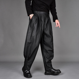 小脚休闲哈伦长裤 潮牌男发型师哑光PU皮裤 暗黑系宽松大码 新款 秋季
