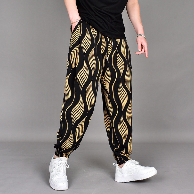 夏季冰丝垂感印花条纹休闲小脚九分裤男宽松个性痞帅束脚哈伦裤潮,男装,休闲裤,淘宝优惠券,粉丝福利购,淘宝优惠卷