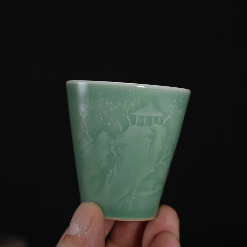 龙泉市青瓷刘昌庭全手工弟窑梅子青茶杯功夫茶具陶瓷主人杯闻香杯