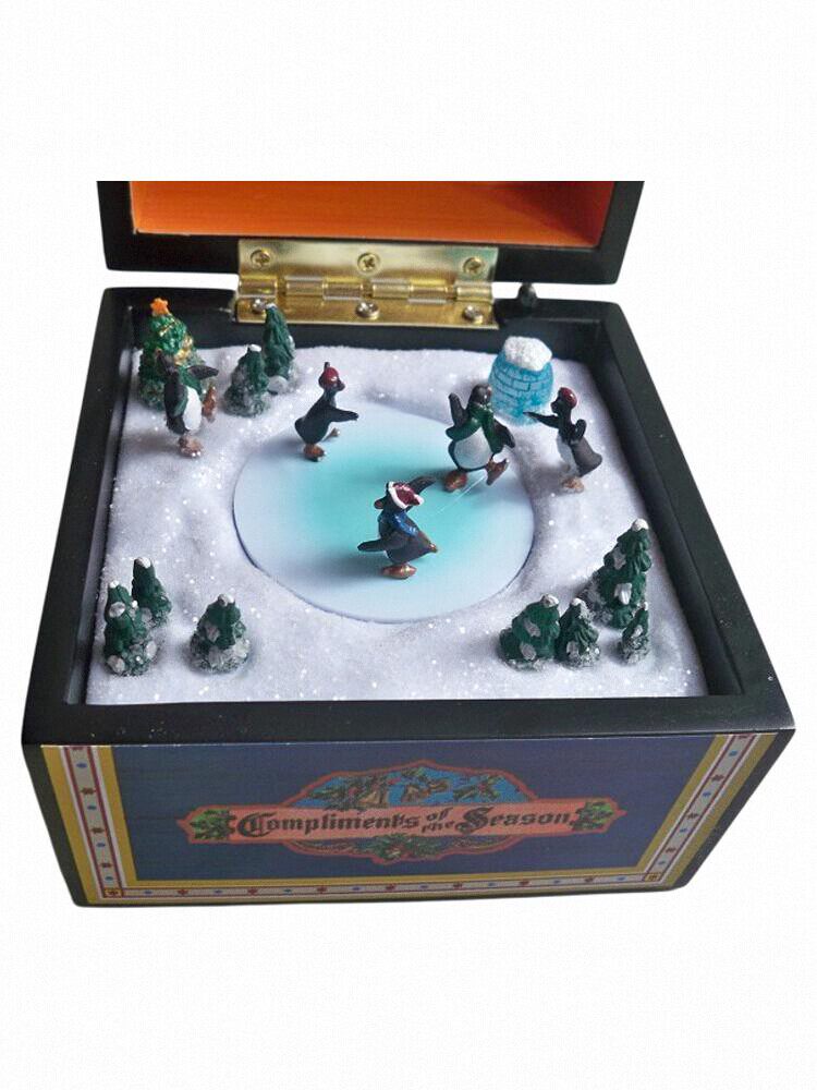 MR.CHRISTMAS LIGHTING ANTIQUE ROTATING WOOD EUROPEAN PENGUIN MUSIC BOX CHRISTMAS NEW YEAR GIFT