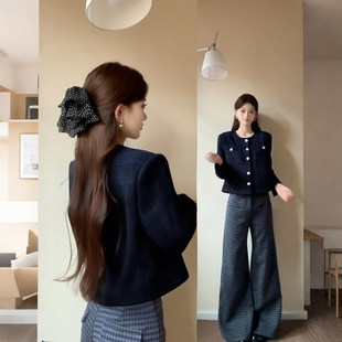 藏蓝色正肩短款小香风千金外套女款秋冬季小个子上衣春天韩系穿搭