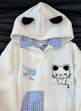 甜美可爱猫咪刺绣假两件连帽白色厚棉T女宽松慵懒风2025年新款上