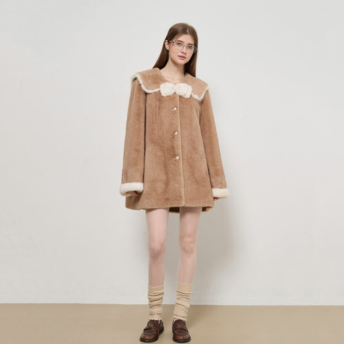 夏稚爱丁堡海军领蝴蝶结皮毛一体貂毛环保皮草毛毛外套女秋冬季