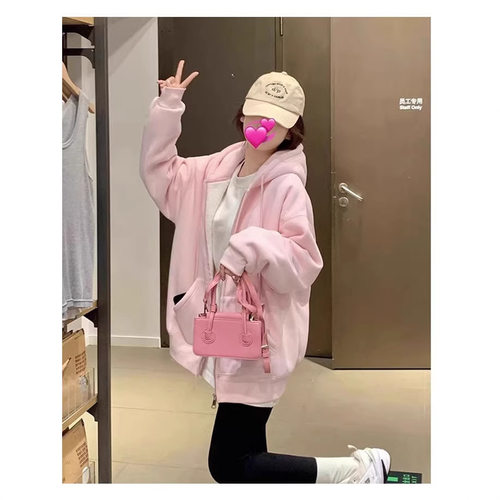 早春超好看羊羔毛绒外套开春马克龙粉色加绒厚卫衣特厚夹棉服上衣