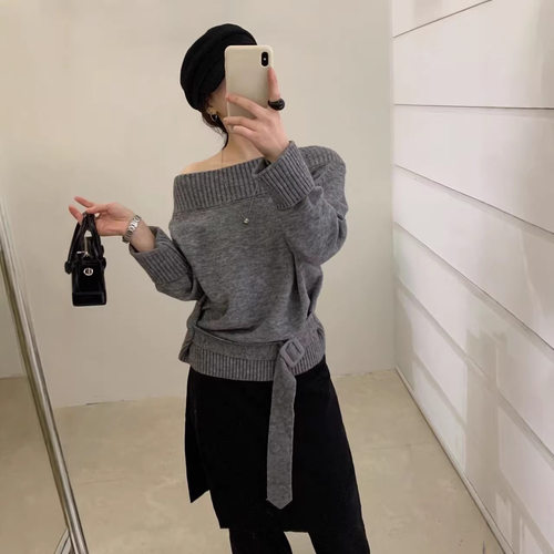 韩系简约通勤两穿领气质小女人加厚百搭拼接腰带长袖保暖毛衣冬款
