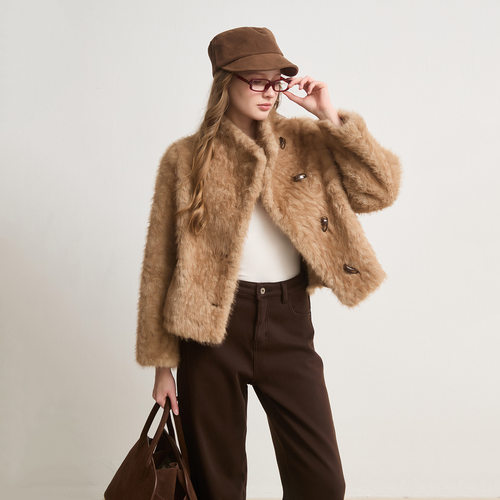 环保新花狐貂压花 皮毛一体短款毛毛外套女秋冬短款小个子